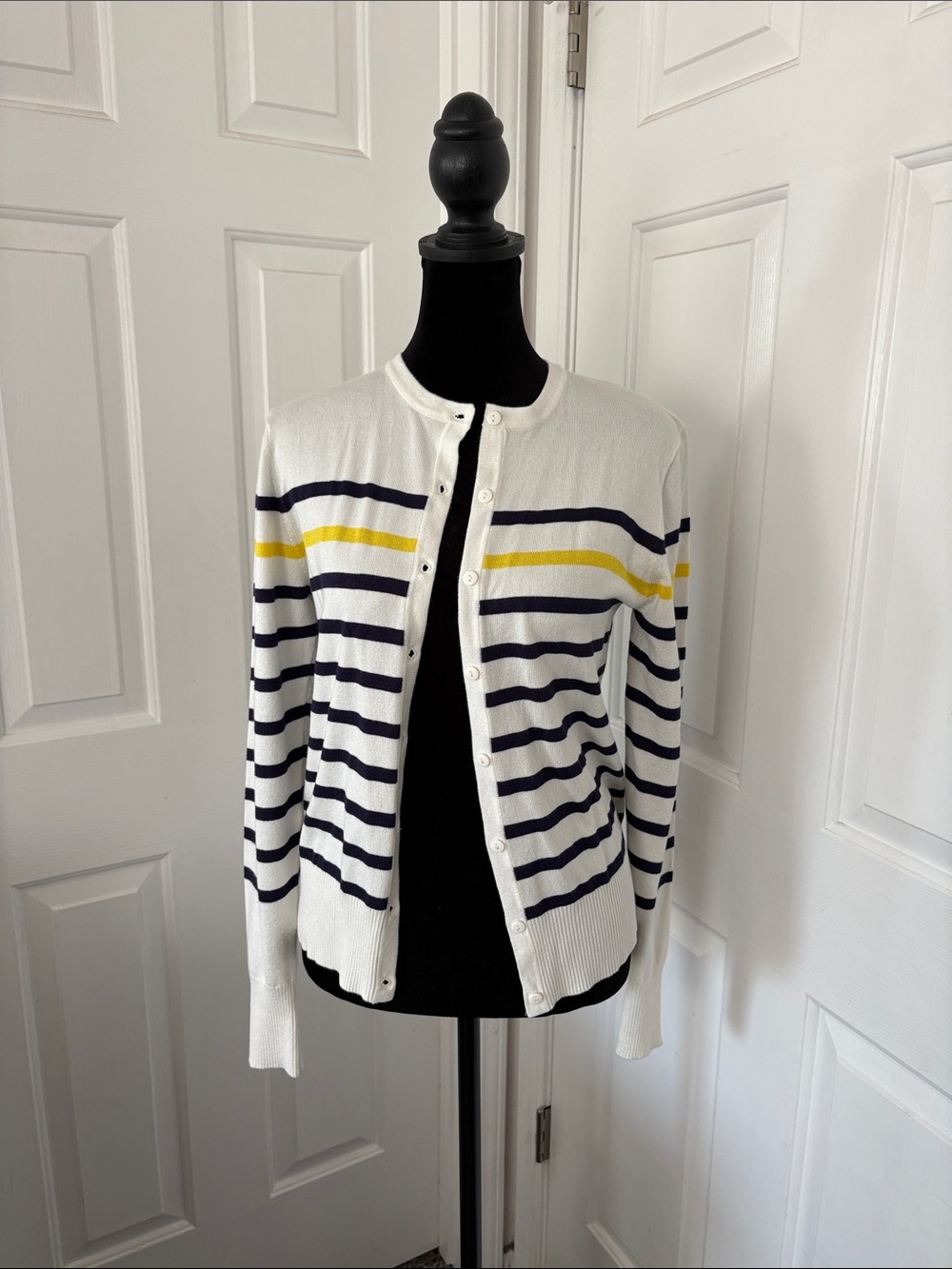 DownEast White Striped Button-Front Cardigan with Navy & Yellow